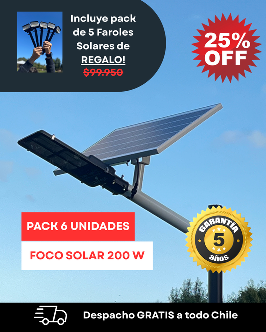 Pack 6 Focos Solares 200W (Incluye pack de 5 faroles solares de REGALO)